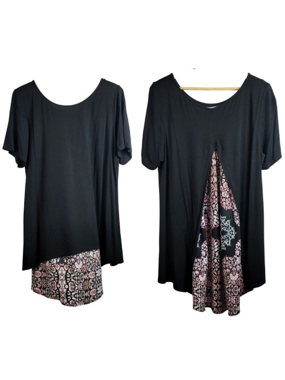 Kim & Cami Split Back Top Tunic Black 2X Short Sleeve Loose Geo Design Insert